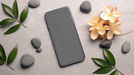 Mockup smartphone with blank screen on stone, green tropical scene. Phone on pedestal. Spa,...