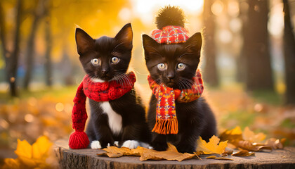 2 kittens in autumn park wearing warm woolly clothing