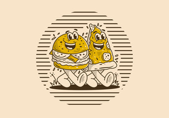 Character illustration of walking burger and pizza