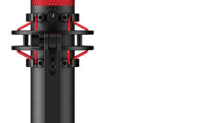 Closeup of red and black mic on white copy-space background.