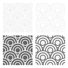 Set of seamless gray patterns of circles arcs lines to create fabric and wallpaper, easy background for Christmas card. Geometric white shapes in trendy retro style for cover decoration.