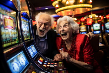 senior couple winning in a casino - obrazy, fototapety, plakaty