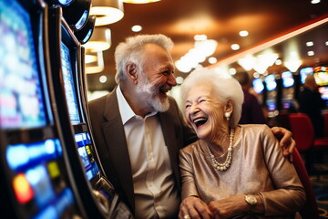 senior couple winning in a casino - obrazy, fototapety, plakaty