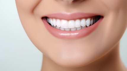 Fototapeta premium A close-up photo of the lower part of a female face. Beautiful, cute smile with immaculate, perfect teeth. Chin, nose, and mouth visible.