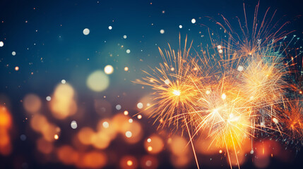 Festive firework rockets bursting in big sparkling star balls poster with black background abstract illustration