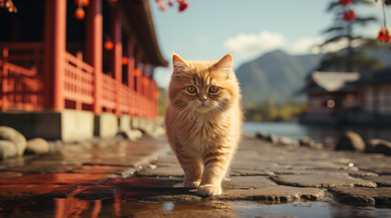 世界遺産のような風景と可愛らしい猫｜Generative AI