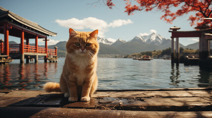 世界遺産のような風景と可愛らしい猫｜Generative AI