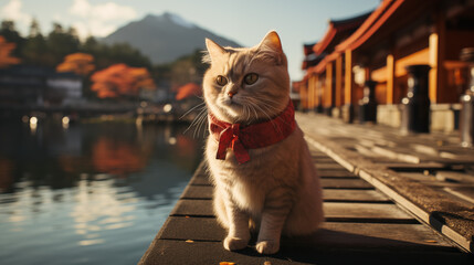 世界遺産のような風景と可愛らしい猫｜Generative AI