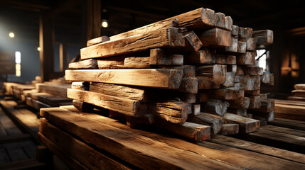 Sawmill. Wooden planks at a sawmill or in a carpentry workshop. Sawing and drying of wood....