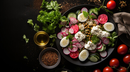 Obraz na płótnie Canvas Italian caprese salad with sliced tomatoes, mozzarella, basil, olive oil on a light background. Top view.