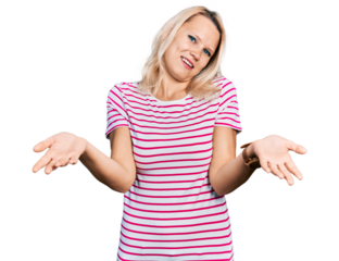 Young caucasian woman wearing casual clothes smiling cheerful offering hands giving assistance and acceptance.