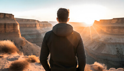 Fototapeta na wymiar Young adult male standing in front of a scenic canyon landscape