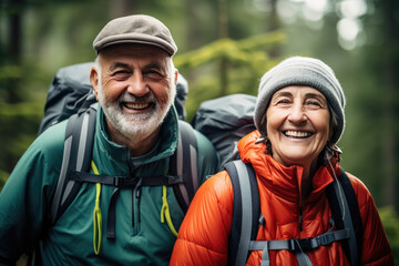 Fototapeta premium An active elderly couple is traveling through the forest. Mature people enjoying and having fun