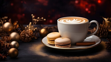 Fototapeta premium Creamy coffee with golden leaf in dark color with pastel background and cookies, christmas time. Generative AI