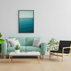 A modern living room with a mint green sofa, a white coffee table, a black armchair, a wooden floor, a white wall with a sea poster