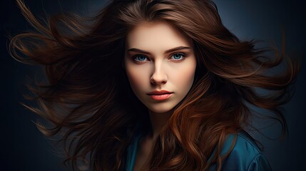 Naklejka premium Beautiful female face with powerful silky hair and chic hairstyle. Perfect image of a beautiful brunette woman. Feminine image of natural beauty. Illustration for beauty and fashion magazine.