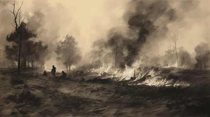 Wildfire in forest. Illustration of a forest fire. Banner, brochure, poster template. Natural disaster.