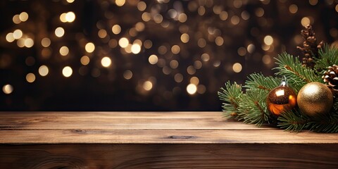 Empty table in front of christmas tree with decorations background. For product display montage