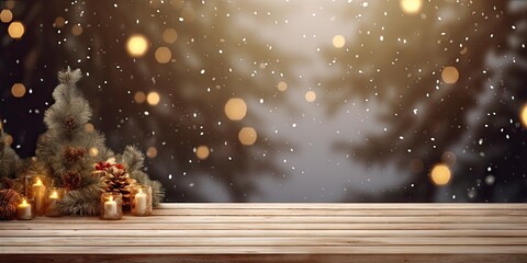 Empty table in front of christmas tree with decorations background. For product display montage