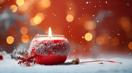 Christmas candle with decoration, christmas ball, snow time. Generative AI