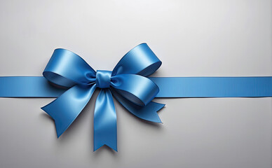 beautiful blue bow ribbon on gray background, space for text