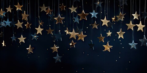 Christmas stars warm gold garland lights over dark background with glitter overlay