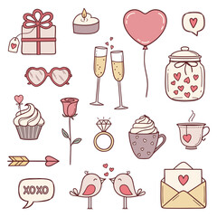 Set of love, romance, Valentines day theme colorful design elements in doodle style
