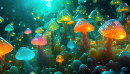 Fototapeta na wymiar Brightly colored liquid fluid abstract trippy mushroom blobs