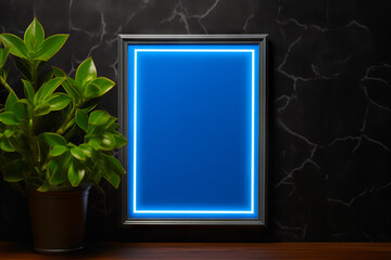 Empty wooden frame mockup with blue copyspace. Dark background