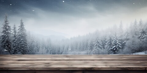 Snow background and christmas time. Empty Wooden table.
