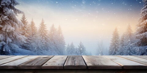 Snow background and christmas time. Empty Wooden table.
