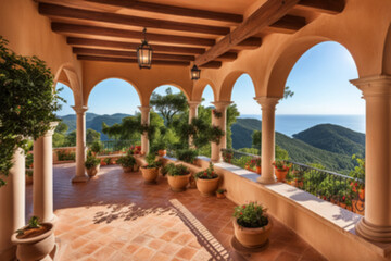 Obraz premium Mediterranean villa with a terracotta roof and vine-covered pergola