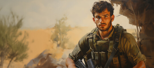 Portrait of Young Israeli male soldier, looking at camera and holds a weapon, outdoor. Wide background with copyspace