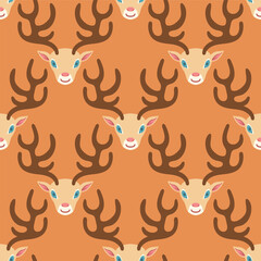 Christmas reindeer head seamlesss pattern on brown.