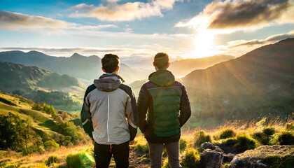 2 young adult males standing in front of a scenic landscape