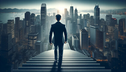 Rear view of a businessman climbing stairs leading to a large city. - Powered by Adobe