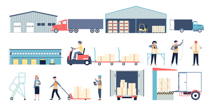 Flat warehouse set. Transportation logistic industry elements, flat style delivery service and warehouses workers. Industrial furniture recent vector set