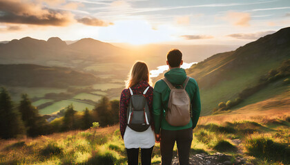 Fototapeta na wymiar Young adult couple standing in front of a scenic landscape