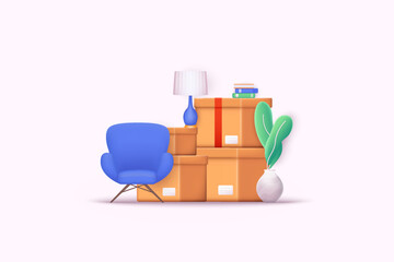 Moving house concept. Box and house furniture. 3D Web Vector Illustrations.