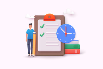 Time management concept. Time organization efficiency. Schedule job project team. Characters planning project tasks, managing schedule and work time. 3D Web Vector Illustrations.