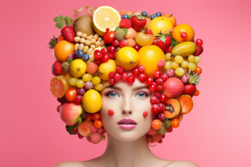 Naklejka premium Woman with hair made of many fruits on pink background. Healthy lifestyle concept