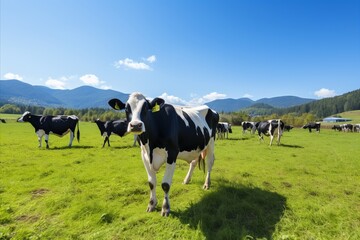Fototapeta na wymiar A herd of cows grazing on a beautiful mountain meadow