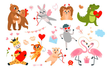 Obraz na płótnie Canvas Valentines day funny animals. Cartoon animal in love with heart and arrow. Romantic wild characters, isolated children mascots classy vector set