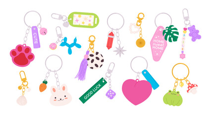 Cartoon keychains and keyrings. Decorative key holder with kawaii animals and symbols. Childish cute pendants and chains, racy vector set