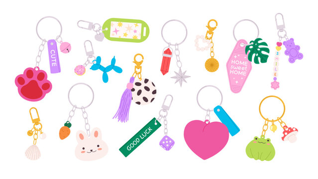 Cartoon keychains and keyrings. Decorative key holder with kawaii animals and symbols. Childish cute pendants and chains, racy vector set