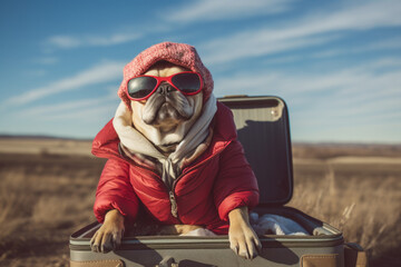 Funny traveller dog in red jacket and sunglasses sitting inside suitcase. Travel with dog concept