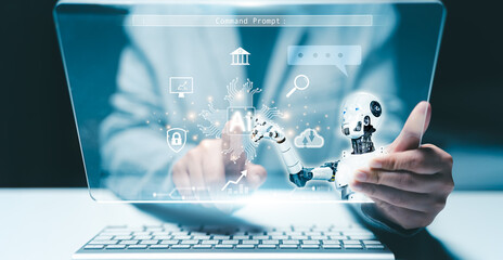 Chat with AI, Artificial Intelligence. man using technology smart robot AI, artificial intelligence by enter command prompt for generates something, Futuristic technology transformation.