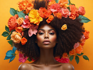 Portrait of gorgeous black women with flowers. Stunning girl with big bouquet flowers of roses. Closeup face of young beautiful woman with a healthy clean skin. Pretty woman with bright makeup