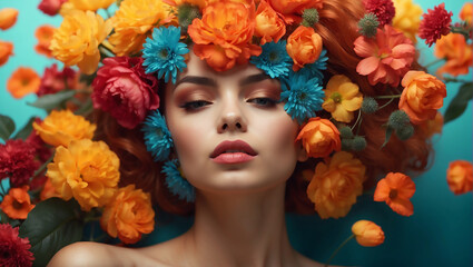 Naklejka premium Beautiful girl with flowers. Stunning brunette girl with big bouquet flowers of roses. Closeup face of young beautiful woman with a healthy clean skin. Pretty woman with bright makeup