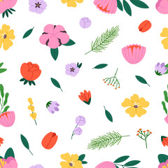 Floral spring seamless pattern. Flowers flat style graphic, blossom fabric texture template. Decorative blooming vector background